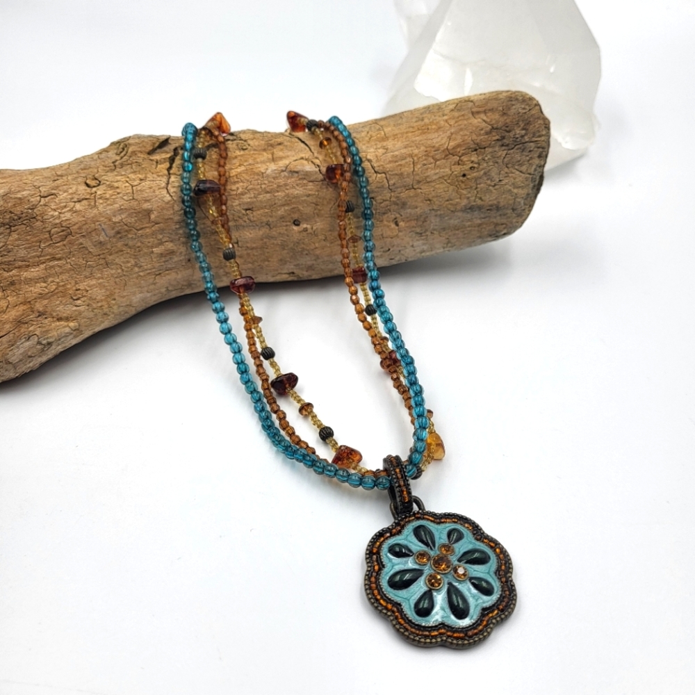 Blue & Orange Multistrand Beaded Pendant Necklace